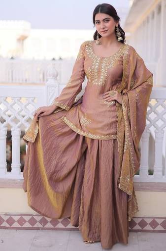 Antique-gold fendi crush embroidered kurta sharara set with dupatta