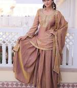 Antique-gold fendi crush embroidered kurta sharara set with dupatta