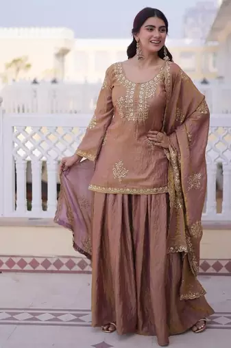gold fendi crush embroidered kurta sharara set