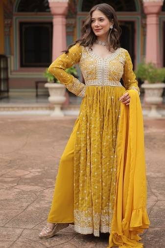 Yellow faux georgette embroidered anarkali suit set with sequins work