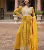 Yellow faux georgette embroidered anarkali suit set with sequins work
