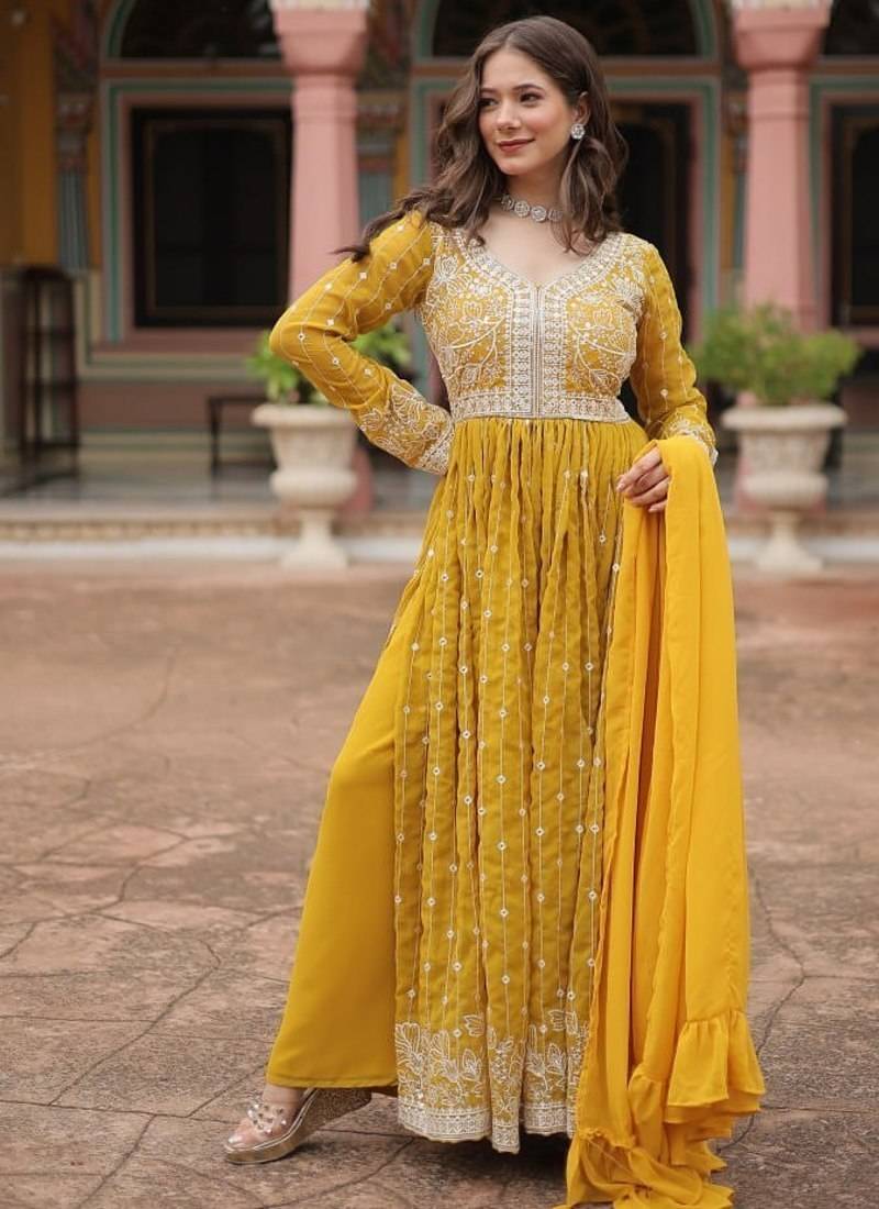 Yellow faux georgette embroidered anarkali suit set with sequins work