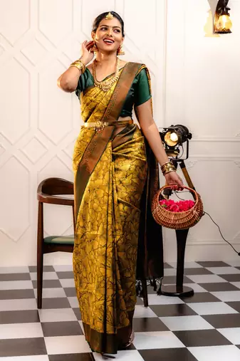 yellow  soft art silk banarasi jacuard work designer party wear saree with unstitched blouse piece