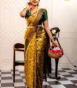 yellow  soft art silk banarasi jacuard work designer party wear saree with unstitched blouse piece