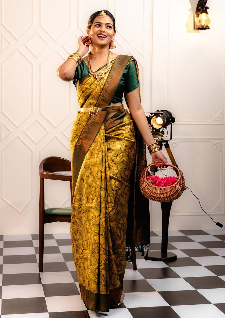 yellow  soft art silk banarasi jacuard work designer party wear saree with unstitched blouse piece