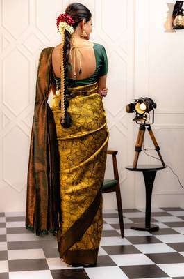yellow silk blend banarasi saree with unstitched blouse piece 3