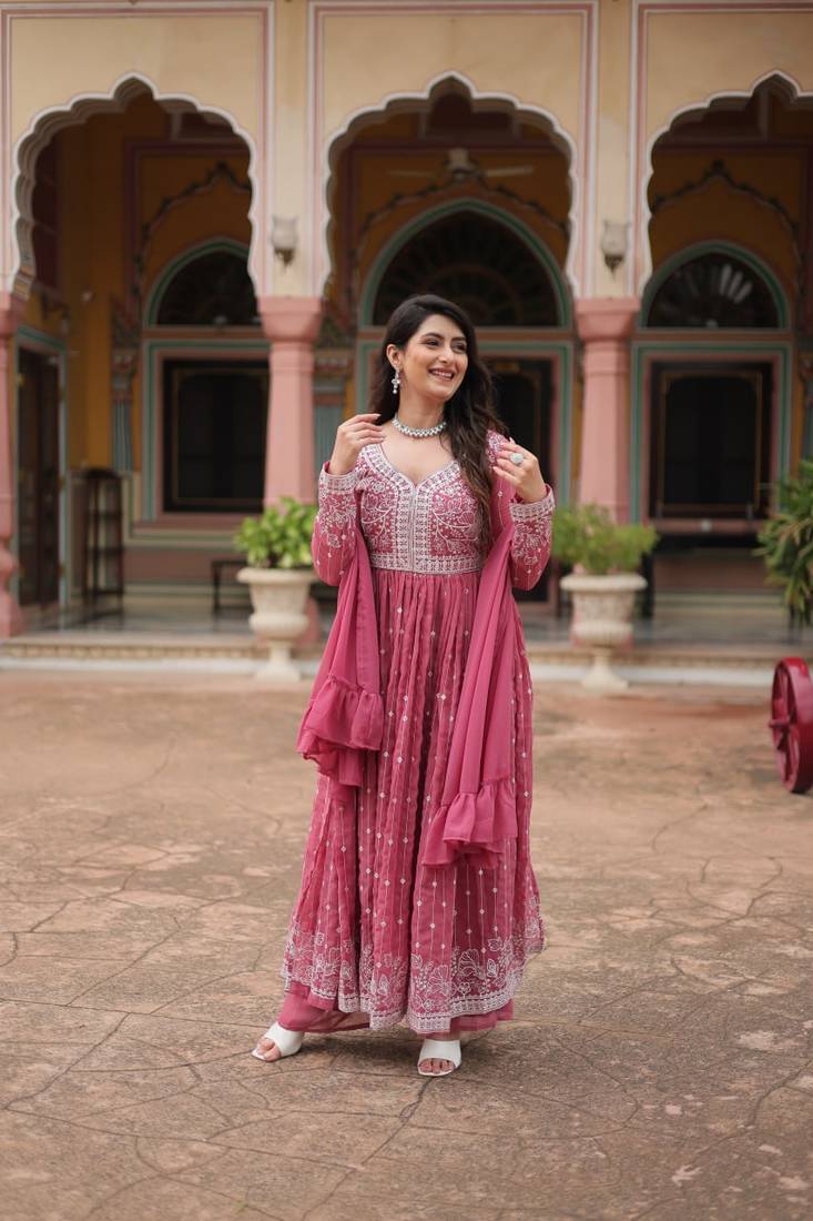 Pink faux georgette embroidered anarkali suit set with sequins work