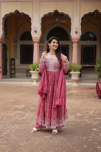 Pink faux georgette embroidered anarkali suit set with sequins work