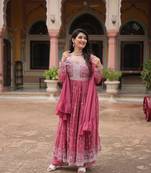 Pink faux georgette embroidered anarkali suit set with sequins work