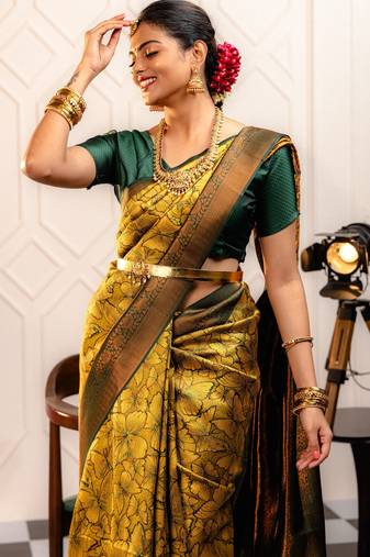 yellow  soft art silk banarasi jacuard work designer party wear saree with unstitched blouse piece