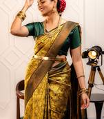 yellow  soft art silk banarasi jacuard work designer party wear saree with unstitched blouse piece