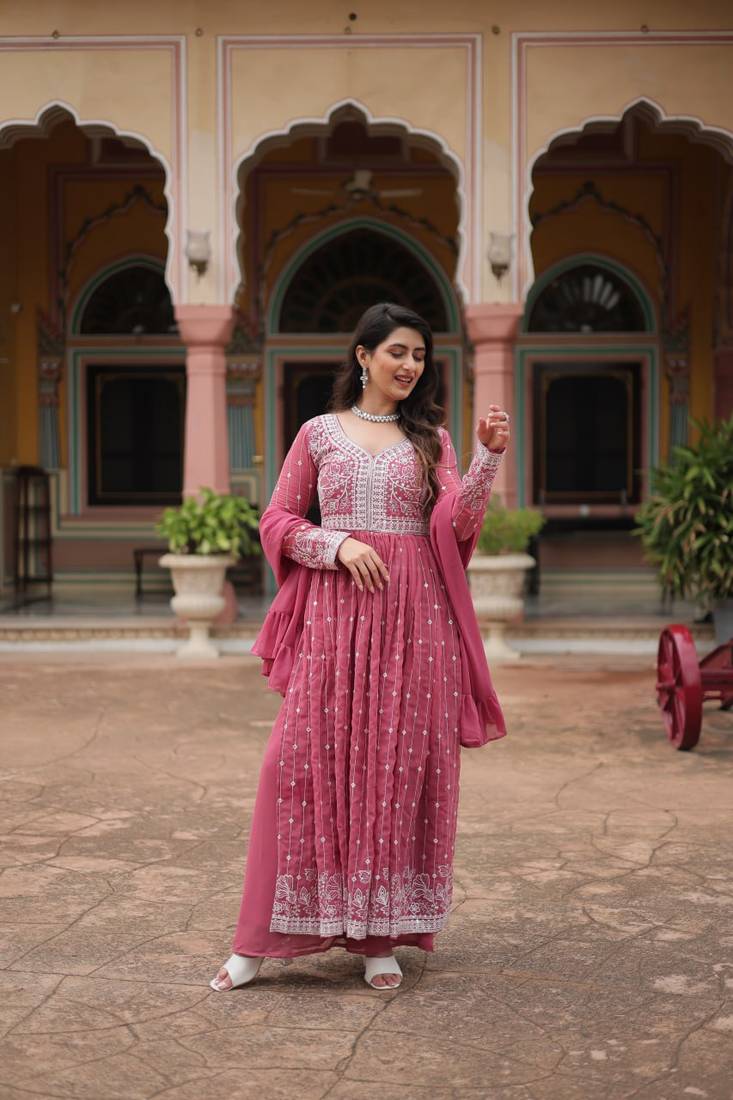Pink faux georgette embroidered anarkali suit set with sequins work