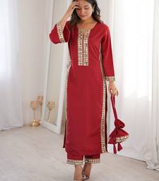 Maroon natural crepe straight kurta set with real mirror lace work