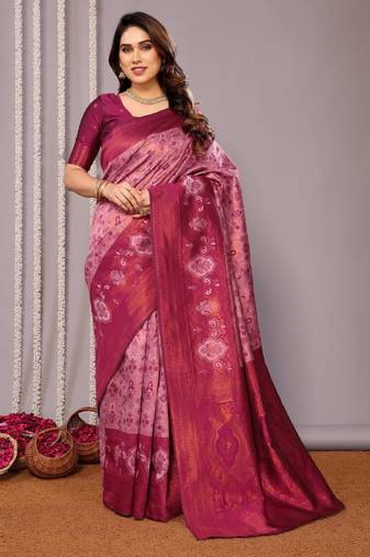 rani pink  soft art silk banarasi jacuard work designer party wear saree with unstitched blouse piece