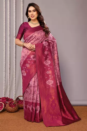 rani pink  soft art silk banarasi jacuard work designer party wear saree with unstitched blouse piece