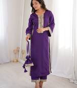 Purple natural crepe straight kurta set with real mirror lace work