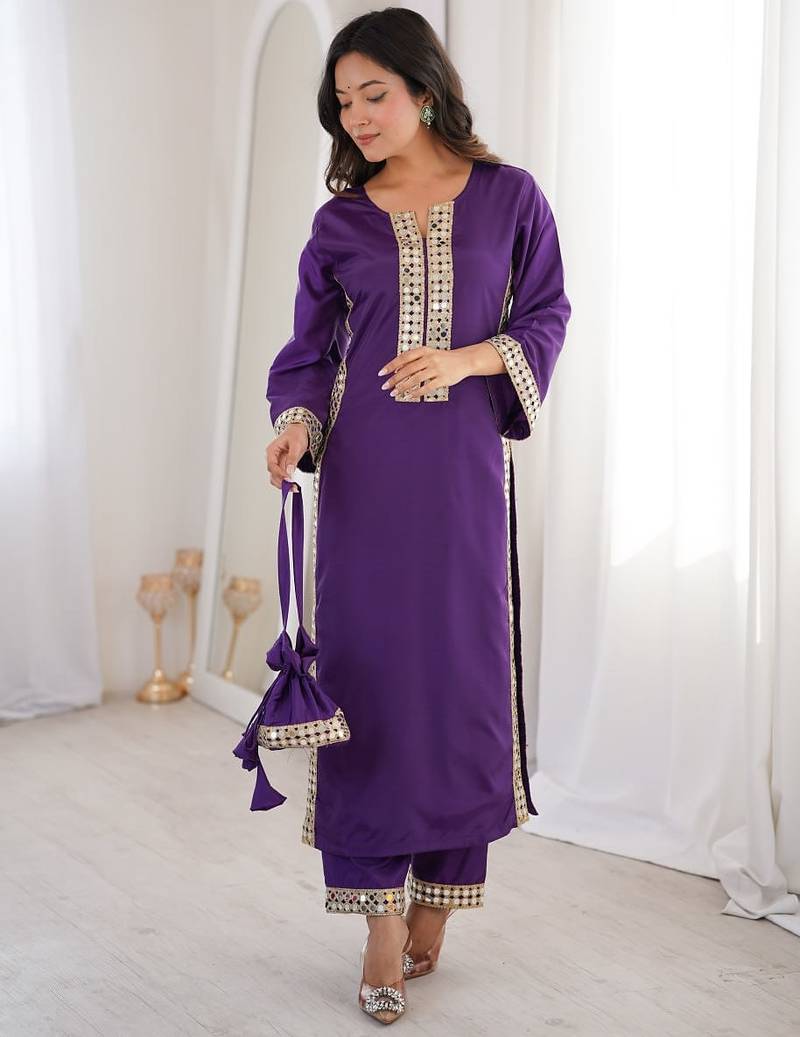Purple natural crepe straight kurta set with real mirror lace work