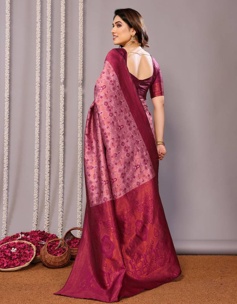 rani pink  soft art silk banarasi jacuard work designer party wear saree with unstitched blouse piece