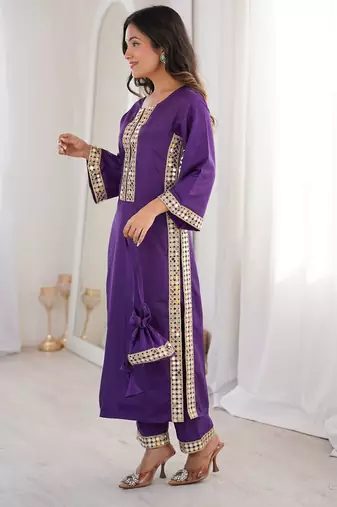 purple crepe kurta set with mirror work