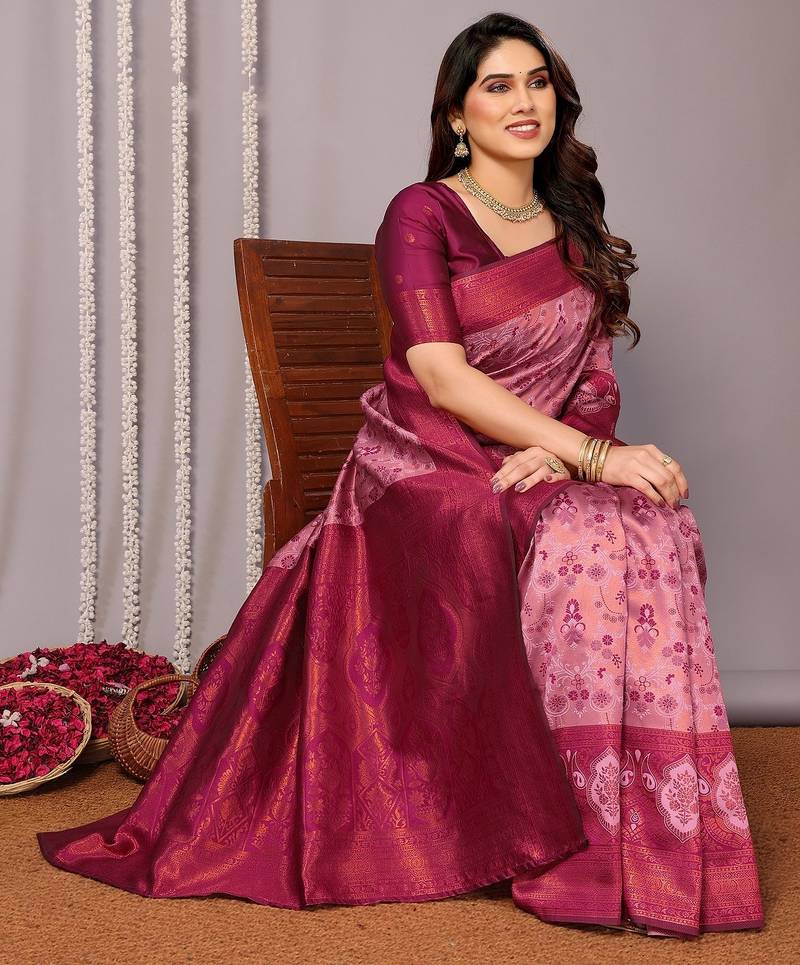 rani pink  soft art silk banarasi jacuard work designer party wear saree with unstitched blouse piece