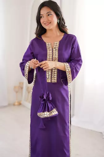 purple crepe kurta set with mirror work