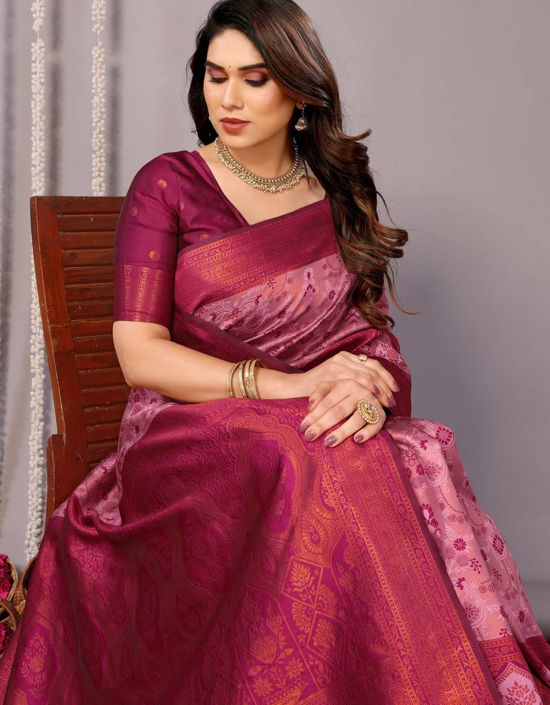 rani pink  soft art silk banarasi jacuard work designer party wear saree with unstitched blouse piece