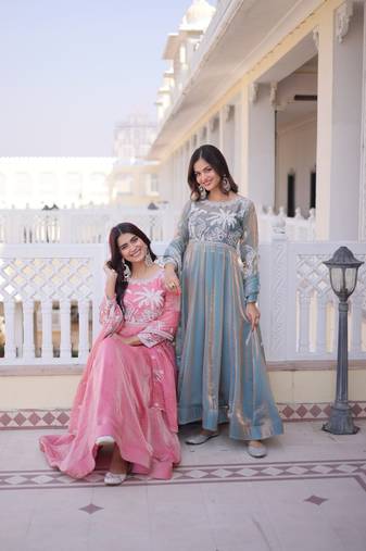 pink embroidered fendi satin anarkali gown with sequins work