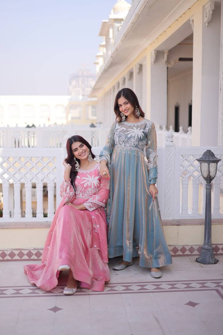 Pink fendi satin embroidered anarkali gown with sequins work