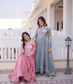 Pink fendi satin embroidered anarkali gown with sequins work