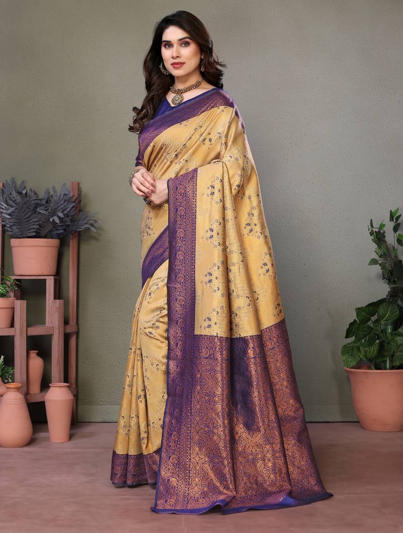 cream neavyblue  soft art silk banarasi jacuard work designer party wear saree with unstitched blouse piece