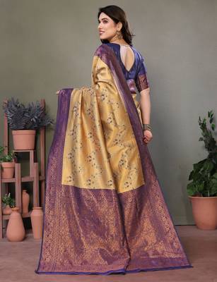 cream neavyblue silk blend banarasi saree with unstitched blouse piece 2