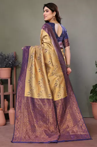 cream neavyblue silk blend banarasi saree with unstitched blouse piece