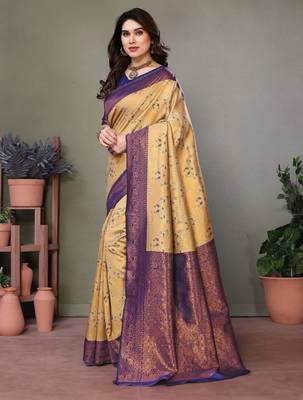cream neavyblue silk blend banarasi saree with unstitched blouse piece 3
