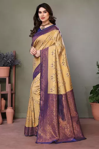 cream neavyblue silk blend banarasi saree with unstitched blouse piece