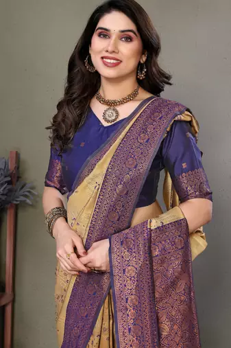cream neavyblue silk blend banarasi saree with unstitched blouse piece