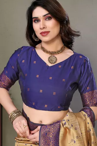 cream neavyblue silk blend banarasi saree with unstitched blouse piece