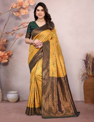 gold green silk blend banarasi saree with unstitched blouse piece 1