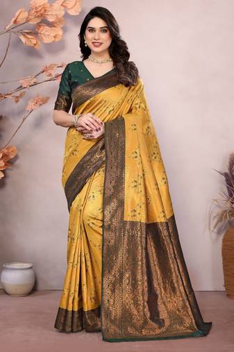 gold green  soft art silk banarasi jacuard work designer party wear saree with unstitched blouse piece