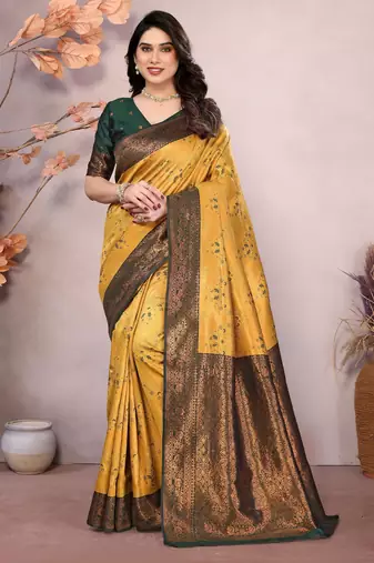 gold green  soft art silk banarasi jacuard work designer party wear saree with unstitched blouse piece
