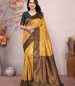 gold green  soft art silk banarasi jacuard work designer party wear saree with unstitched blouse piece