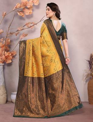 gold green silk blend banarasi saree with unstitched blouse piece 2