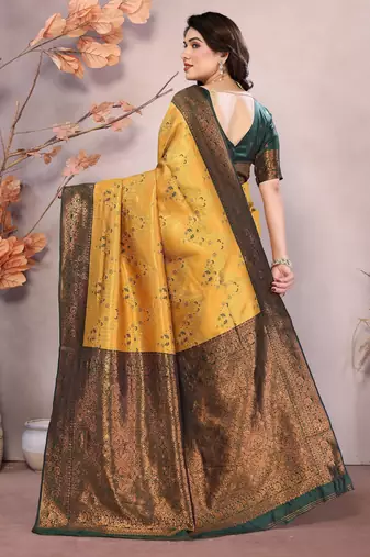 gold green silk blend banarasi saree with unstitched blouse piece