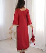 Maroon natural crepe straight kurta set with real mirror lace work