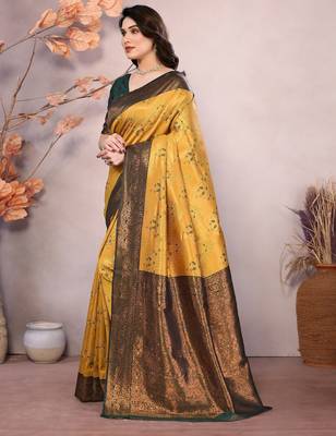 gold green silk blend banarasi saree with unstitched blouse piece 3