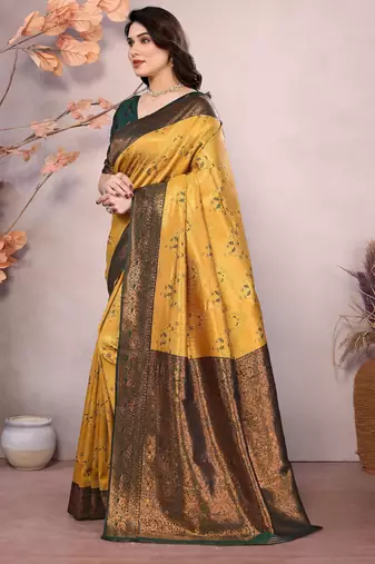 gold green silk blend banarasi saree with unstitched blouse piece