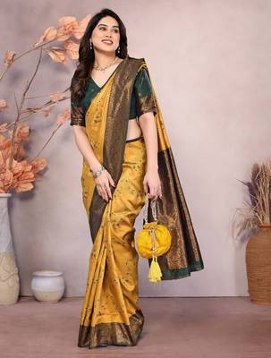 gold green silk blend banarasi saree with unstitched blouse piece 4