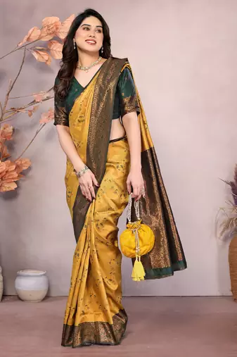 gold green silk blend banarasi saree with unstitched blouse piece