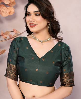 gold green silk blend banarasi saree with unstitched blouse piece 5