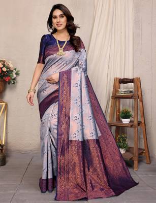 grey neavyblue silk blend banarasi saree with unstitched blouse piece 1