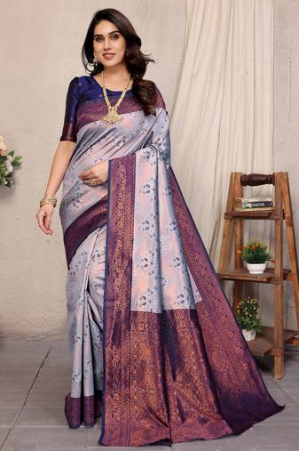 grey neavyblue  soft art silk banarasi jacuard work designer party wear saree with unstitched blouse piece